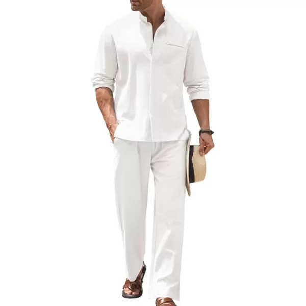 COOFANDY Mens 2 Pieces Cotton Linen Set Long Sleeve Button Up Shirt and Beach Pants Set Summer Yoga Outfits