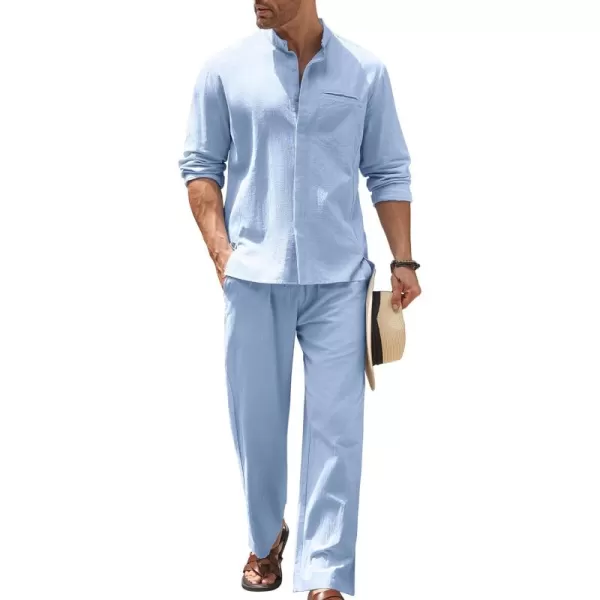 COOFANDY Mens 2 Pieces Cotton Linen Set Long Sleeve Button Up Shirt and Beach Pants Set Summer Yoga Outfits