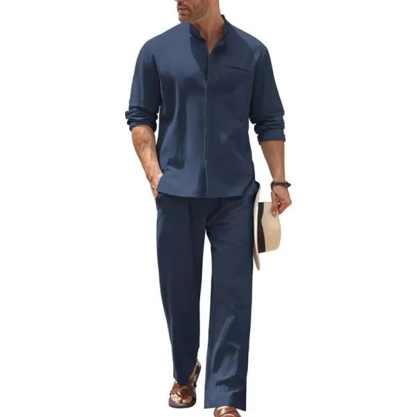 COOFANDY Mens 2 Pieces Cotton Linen Set Long Sleeve Button Up Shirt and Beach Pants Set Summer Yoga Outfits