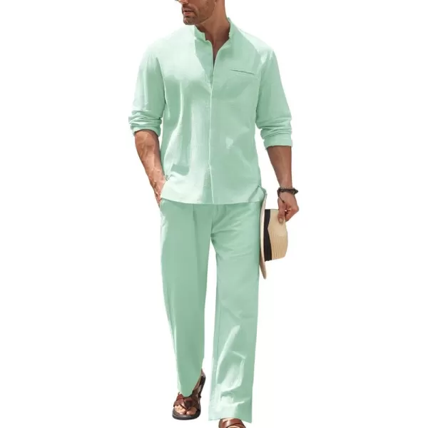 COOFANDY Mens 2 Pieces Cotton Linen Set Long Sleeve Button Up Shirt and Beach Pants Set Summer Yoga Outfits