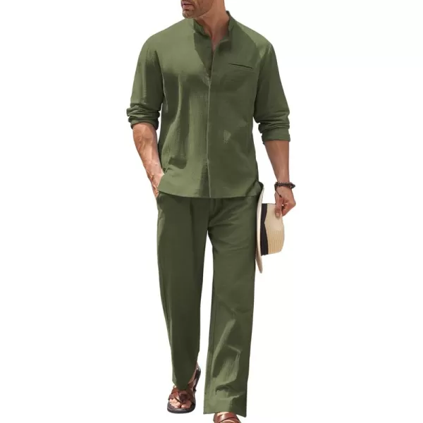 COOFANDY Mens 2 Pieces Cotton Linen Set Long Sleeve Button Up Shirt and Beach Pants Set Summer Yoga Outfits