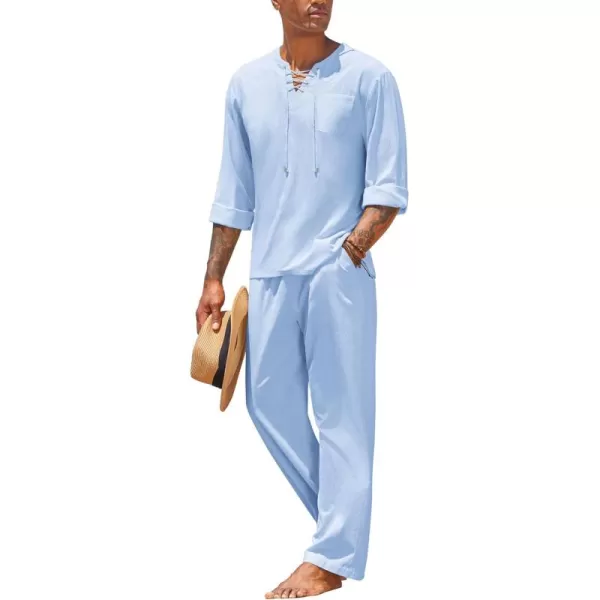COOFANDY Men's 2 Pieces Cotton Linen Set Outfit Hippie Shirt and Pant Suit Beach Summer Renaissance Lace Up Henley Set