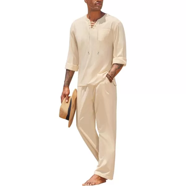 COOFANDY Men's 2 Pieces Cotton Linen Set Outfit Hippie Shirt and Pant Suit Beach Summer Renaissance Lace Up Henley Set