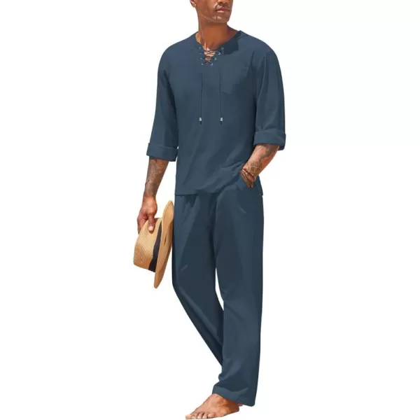 COOFANDY Men's 2 Pieces Cotton Linen Set Outfit Hippie Shirt and Pant Suit Beach Summer Renaissance Lace Up Henley Set