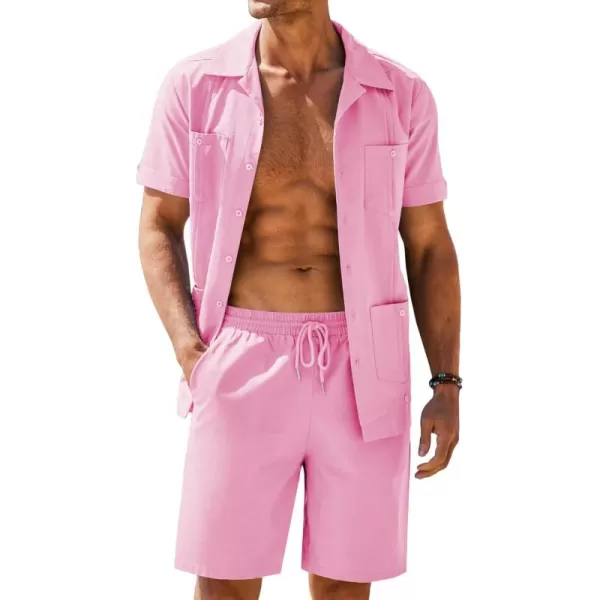 COOFANDY Men's 2 Pieces Guayabera Shirts Set Casual Linen Short Sleeve Button Down Shirts and Shorts Outfits