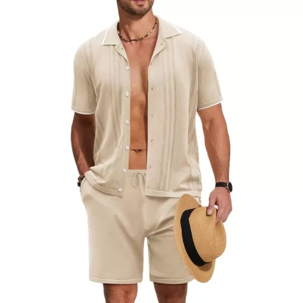 COOFANDY Men's Knit Polo Shirt Set Breathable Hollow Out Casual Button Down Shirts and Shorts