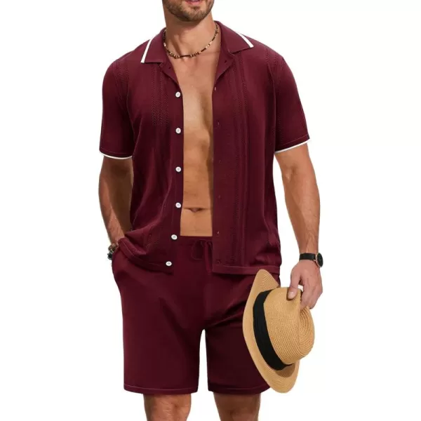 COOFANDY Men's Knit Polo Shirt Set Breathable Hollow Out Casual Button Down Shirts and Shorts