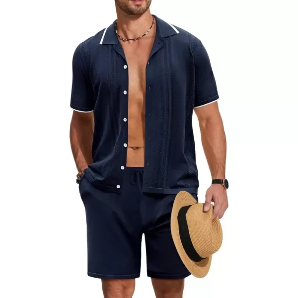 COOFANDY Men's Knit Polo Shirt Set Breathable Hollow Out Casual Button Down Shirts and Shorts