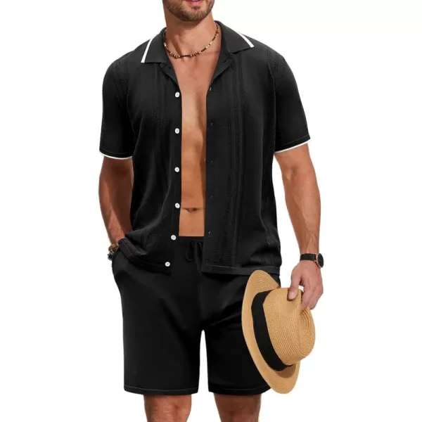 COOFANDY Men's Knit Polo Shirt Set Breathable Hollow Out Casual Button Down Shirts and Shorts