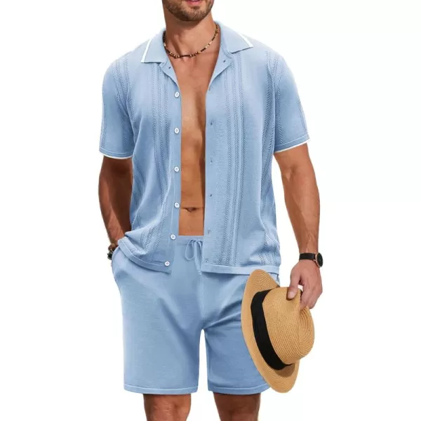 COOFANDY Men's Knit Polo Shirt Set Breathable Hollow Out Casual Button Down Shirts and Shorts