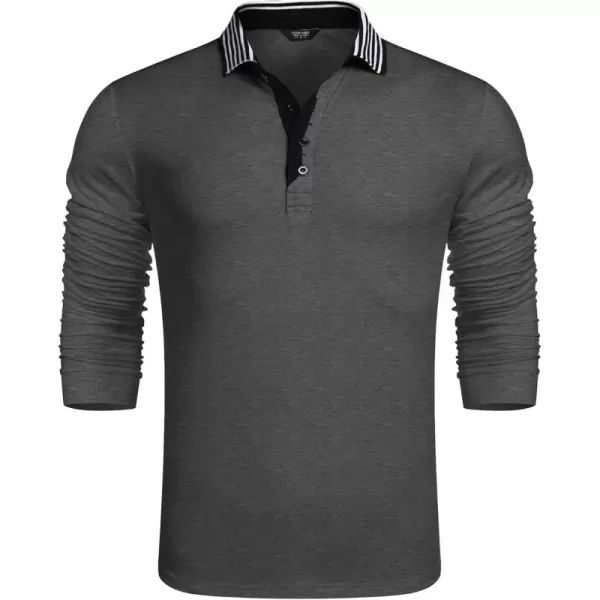 COOFANDY Men's Long Sleeve Polo Shirt Striped Collar Casual Slim Fit Cotton Polo T Shirts