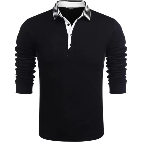 COOFANDY Men's Long Sleeve Polo Shirt Striped Collar Casual Slim Fit Cotton Polo T Shirts