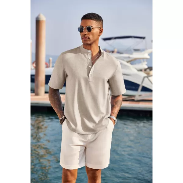 COOFANDY Men's Casual Henley Shirt Short Sleeve Band Collar Linen Shirt Summer Beach Hippie T-Shirts