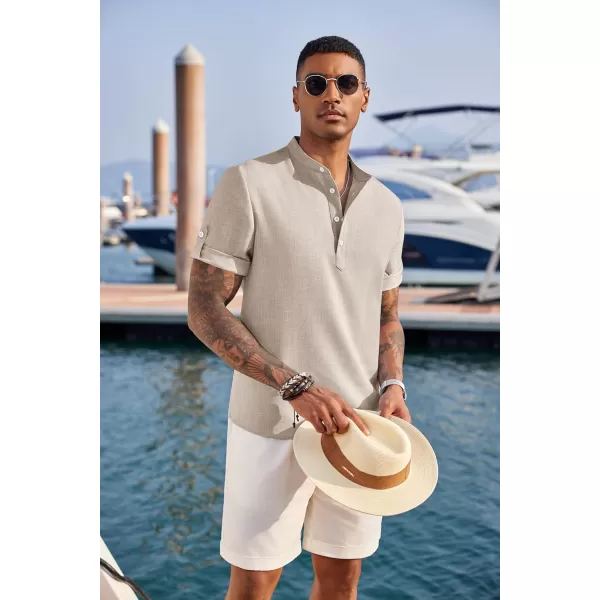 COOFANDY Men's Casual Henley Shirt Short Sleeve Band Collar Linen Shirt Summer Beach Hippie T-Shirts