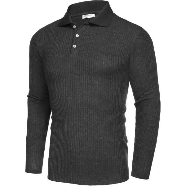 COOFANDY Men's Stretch Muscle Tshirts Long Sleeve Knit Tees Casual Slim Fit Polo Shirts
