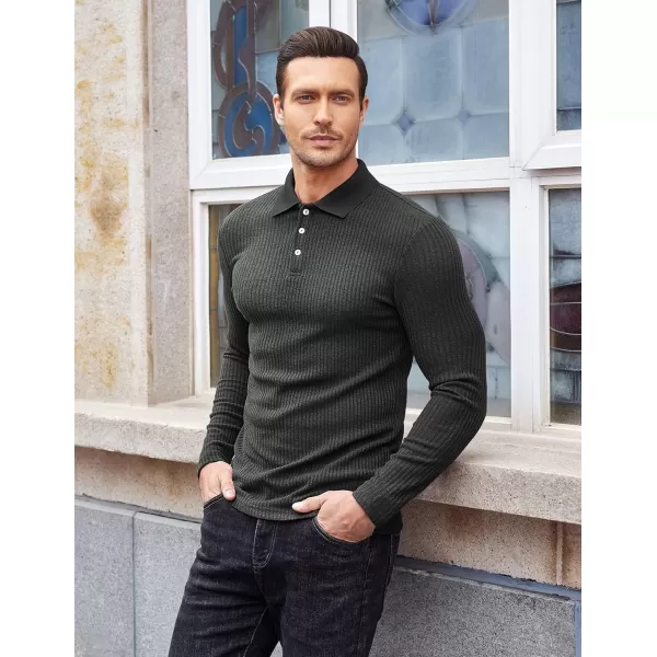 COOFANDY Men's Stretch Muscle Tshirts Long Sleeve Knit Tees Casual Slim Fit Polo Shirts