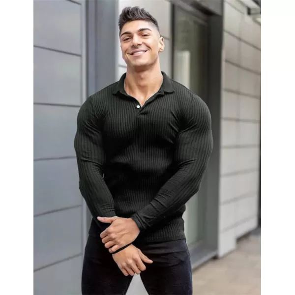 COOFANDY Men's Stretch Muscle Tshirts Long Sleeve Knit Tees Casual Slim Fit Polo Shirts