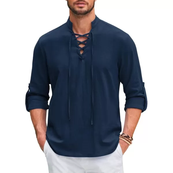 COOFANDY Men Linen Cotton Shirts Beach Hippie Renaissance Medieval Long Sleeve Lace Up Costume