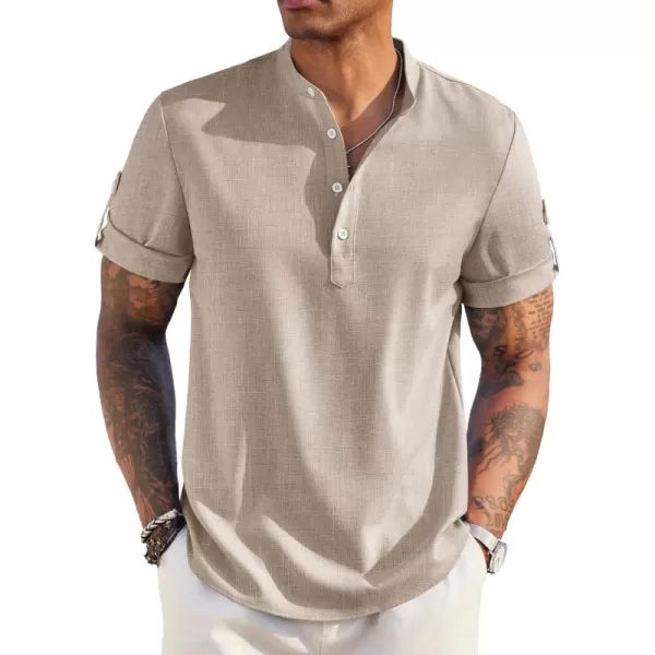 COOFANDY Men's Casual Henley Shirt Short Sleeve Band Collar Linen Shirt Summer Beach Hippie T-Shirts