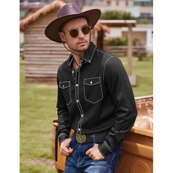 COOFANDY Mens Cowboy Shirt Western Pearl Snap for Men Vintage Button Up Work Shirts A-black