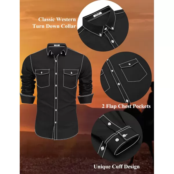 COOFANDY Mens Cowboy Shirt Western Pearl Snap for Men Vintage Button Up Work Shirts A-black