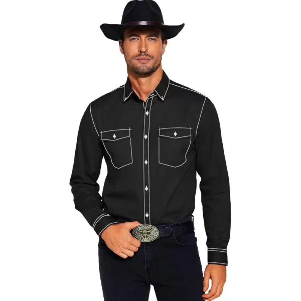 COOFANDY Mens Cowboy Shirt Western Pearl Snap for Men Vintage Button Up Work Shirts A-black