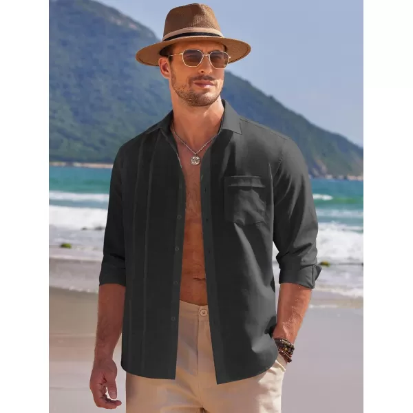 COOFANDY Mens Cuban Guayabera Shirts Casual Button Down Shirts Long Sleeve Linen Shirts Summer Beach