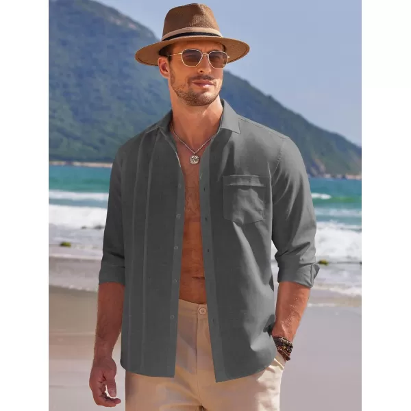 COOFANDY Mens Cuban Guayabera Shirts Casual Button Down Shirts Long Sleeve Linen Shirts Summer Beach