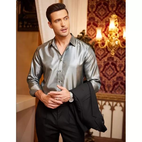 COOFANDY Men's Luxury Dress Shirt Long Sleeve Prom Wedding Party Shiny Button Down Shirts Silver Grey