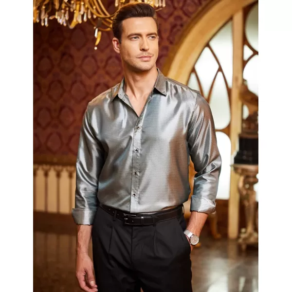 COOFANDY Men's Luxury Dress Shirt Long Sleeve Prom Wedding Party Shiny Button Down Shirts Silver Grey
