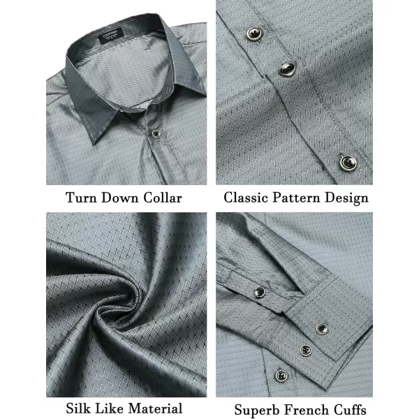 COOFANDY Men's Luxury Dress Shirt Long Sleeve Prom Wedding Party Shiny Button Down Shirts Silver Grey