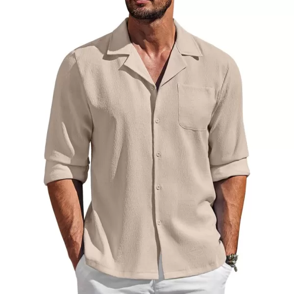 COOFANDY Mens Casual Dress Long Sleeve Shirt Fashion Solid Beach Wedding Shirts Khaki 3X-Large