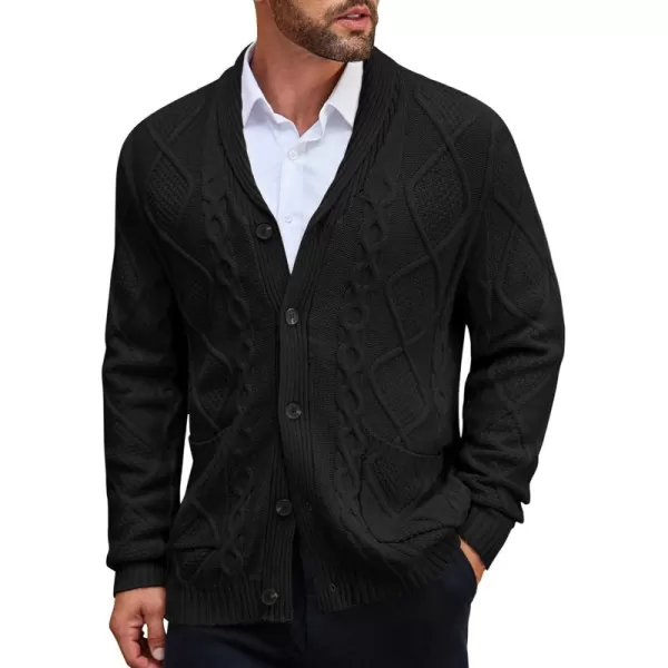COOFANDY Mens Shawl Collar Cardigan Sweater Slim Fit Button Down Cable Knitted Sweater with Pockets