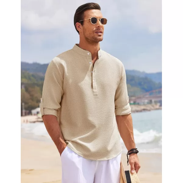 COOFANDY Men's Casual Henley Shirts Band Collar Long Sleeve Beach Hippie T Shirts Fashion Striped Shirts