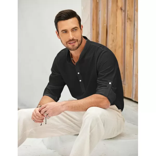 COOFANDY Men's Casual Henley Shirts Band Collar Long Sleeve Beach Hippie T Shirts Fashion Striped Shirts