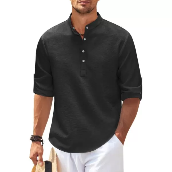 COOFANDY Men's Casual Henley Shirts Band Collar Long Sleeve Beach Hippie T Shirts Fashion Striped Shirts