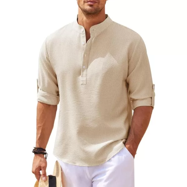 COOFANDY Men's Casual Henley Shirts Band Collar Long Sleeve Beach Hippie T Shirts Fashion Striped Shirts