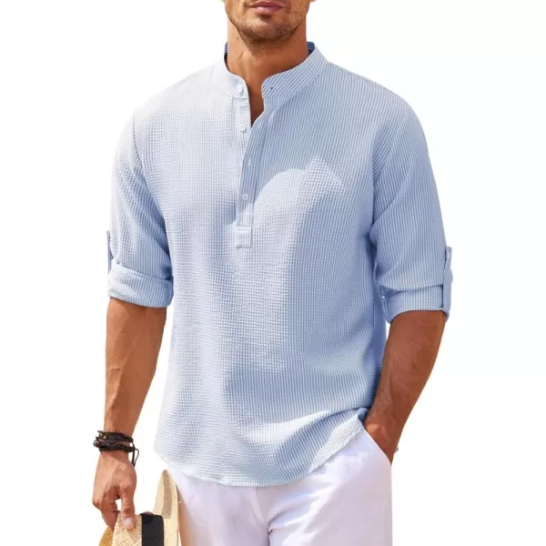 COOFANDY Men's Casual Henley Shirts Band Collar Long Sleeve Beach Hippie T Shirts Fashion Striped Shirts