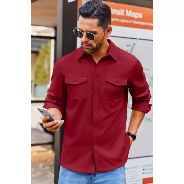 COOFANDY Men's Button Down Waffle Shirt Jacket Casual Long Sleeve Shacket Lightweight Overshirts with Flap Pockets
