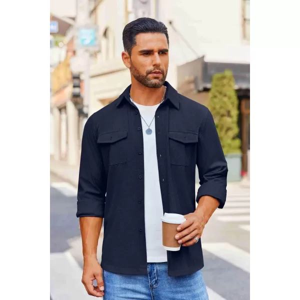 COOFANDY Men's Button Down Waffle Shirt Jacket Casual Long Sleeve Shacket Lightweight Overshirts with Flap Pockets
