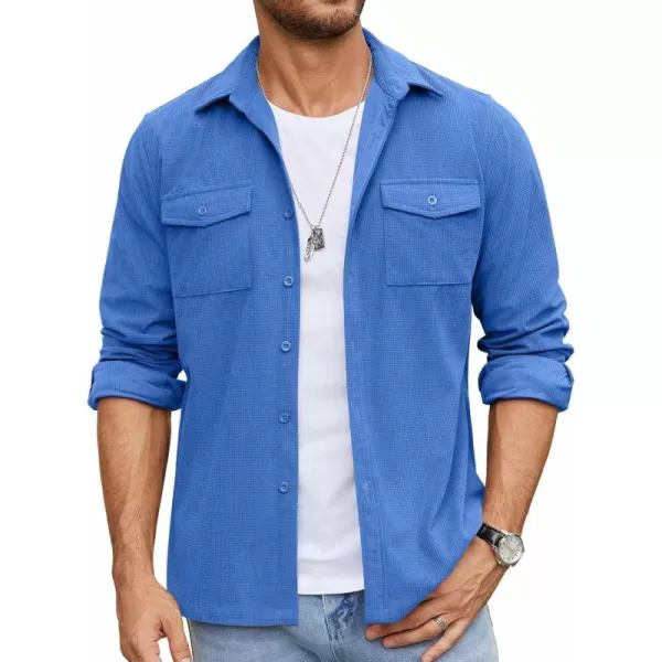 COOFANDY Men's Button Down Waffle Shirt Jacket Casual Long Sleeve Shacket Lightweight Overshirts with Flap Pockets