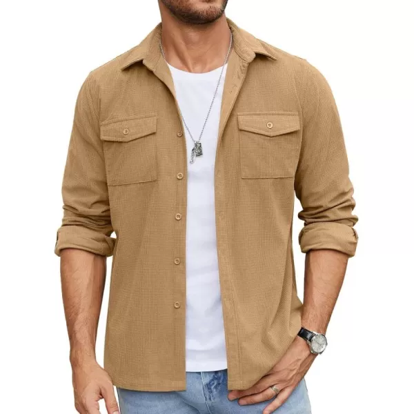 COOFANDY Men's Button Down Waffle Shirt Jacket Casual Long Sleeve Shacket Lightweight Overshirts with Flap Pockets