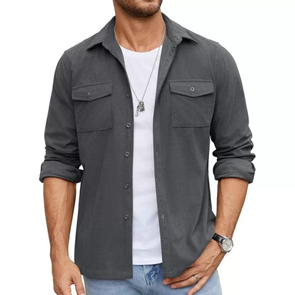 COOFANDY Men's Button Down Waffle Shirt Jacket Casual Long Sleeve Shacket Lightweight Overshirts with Flap Pockets