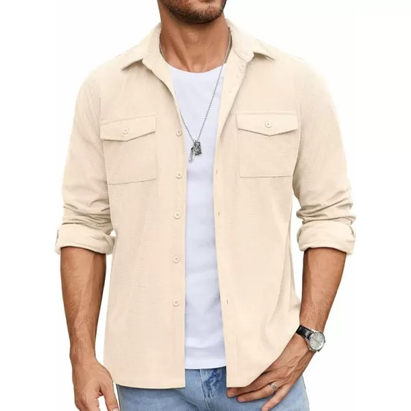 COOFANDY Men's Button Down Waffle Shirt Jacket Casual Long Sleeve Shacket Lightweight Overshirts with Flap Pockets