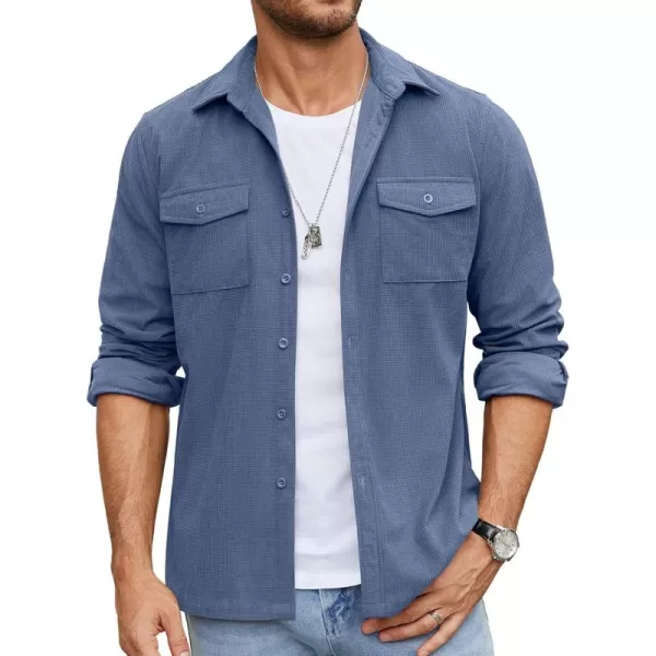 COOFANDY Men's Button Down Waffle Shirt Jacket Casual Long Sleeve Shacket Lightweight Overshirts with Flap Pockets