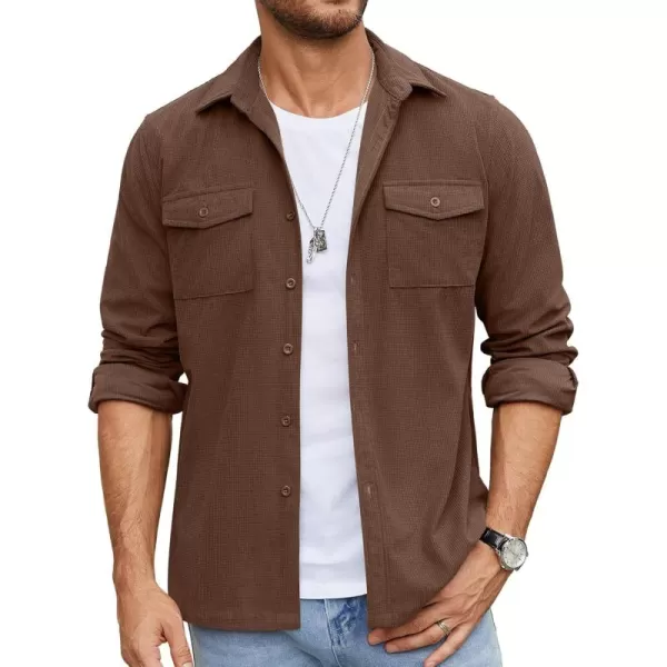 COOFANDY Men's Button Down Waffle Shirt Jacket Casual Long Sleeve Shacket Lightweight Overshirts with Flap Pockets
