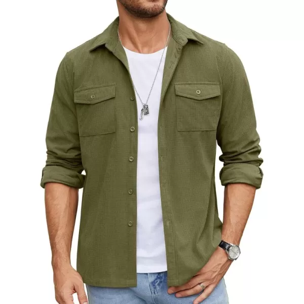 COOFANDY Men's Button Down Waffle Shirt Jacket Casual Long Sleeve Shacket Lightweight Overshirts with Flap Pockets