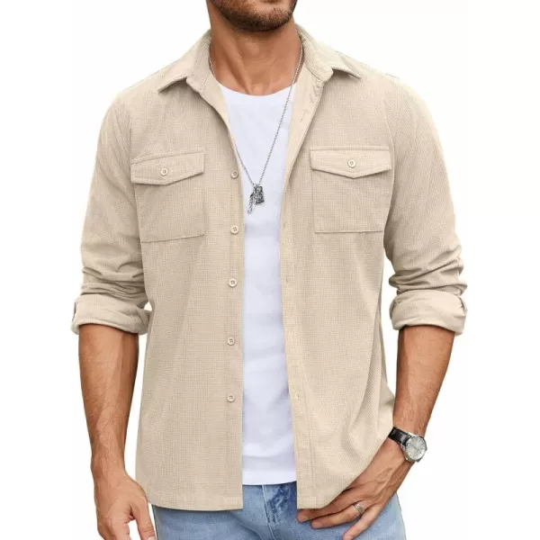 COOFANDY Men's Button Down Waffle Shirt Jacket Casual Long Sleeve Shacket Lightweight Overshirts with Flap Pockets