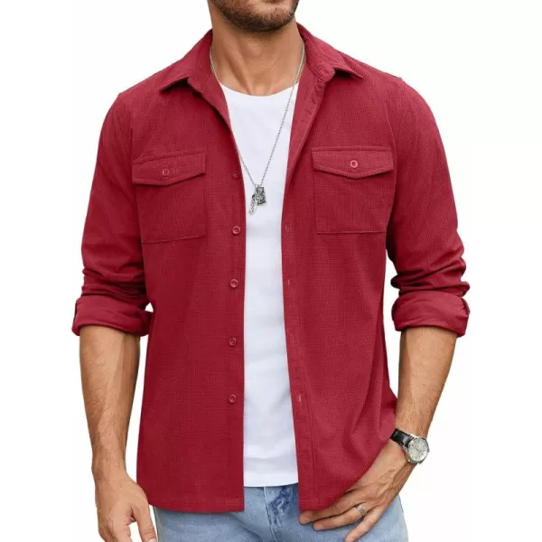 COOFANDY Men's Button Down Waffle Shirt Jacket Casual Long Sleeve Shacket Lightweight Overshirts with Flap Pockets