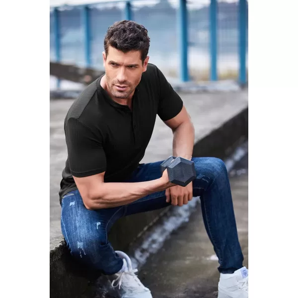 COOFANDY Men's 2 Pack Henley Shirts Short Sleeve Casual Ribbed Knit T Shirts Stretch Muscle Tee Shirts